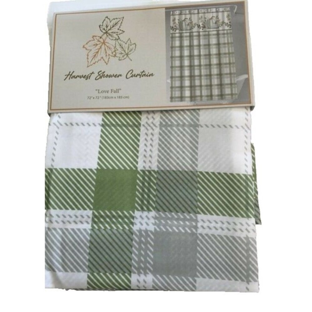 Thanksgiving Pumpkins Plaid Shower Curtain Cloth Fabric Green White 72x72"